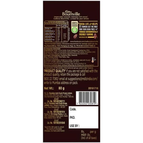 Cadbury Bournville Cranberry Dark Chocolate Bar, 80gm - Image 3