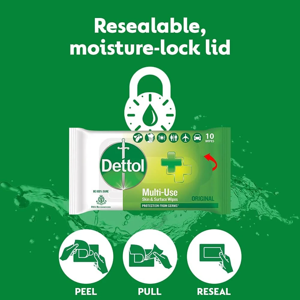 Dettol Wipes Original,10 Wipes ( Pack of 12) - Image 3